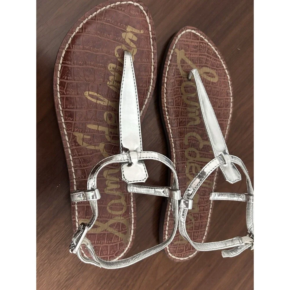 Sam Edelman Women’s Silver Leather Thong Flat Ankle Strap Buckle Sandals US 7